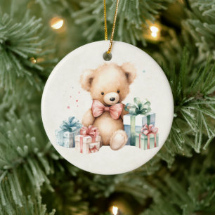 Stäng av Nallen med Julklapp Julgransprydnad Keramik