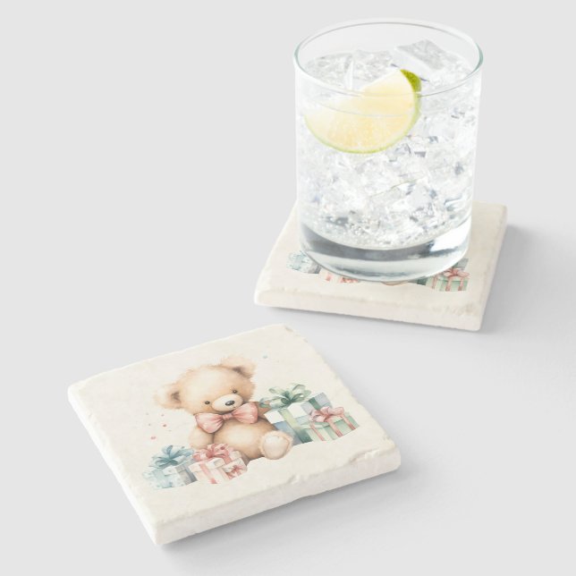 Stäng av Nallen med Julklapp Stenunderlägg (Sidan)