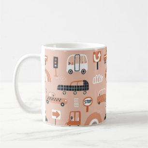 Stäng av sömlöst mönster med leksak-bilar. Tecknad Kaffemugg