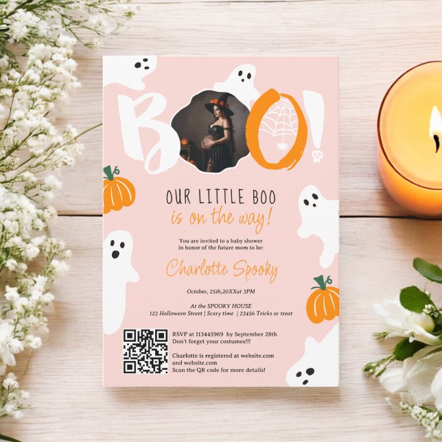 Stäng av vår lilla boo spöken rosa-fotobabydusch inbjudningar (Cute our little boo ghosts pink photo baby shower invitation)