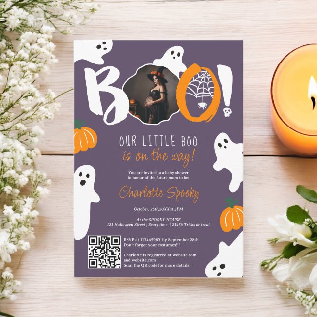 Stäng av vår lilla skugga av spökbilder av lila-fo inbjudningar (Cute our little boo ghost purple photo baby shower invitation)