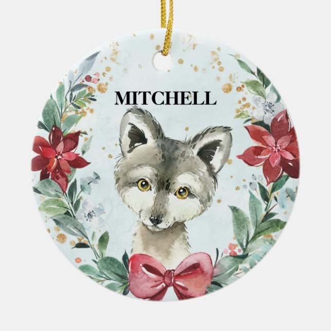 Stäng av Vargen med Namn och års Helgdag Julgransprydnad Keramik (Framsidan)