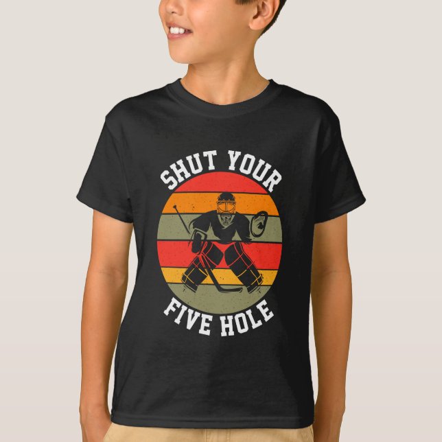 Stäng din fem Hål Hockey Goalie T Shirt (Framsida)