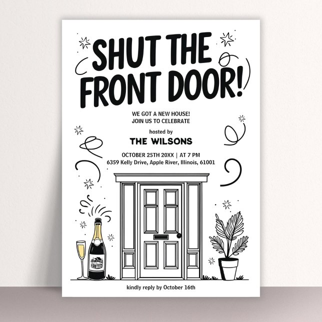 Stäng Framdörren Ny Hem Funny Inflyttningsfest Inbjudningar (Funny Housewarming Invitation Shut the Front Door! New Home Celebration Invite)