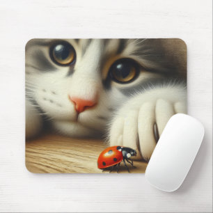 Stäng katt med en Ladybug Musmatta