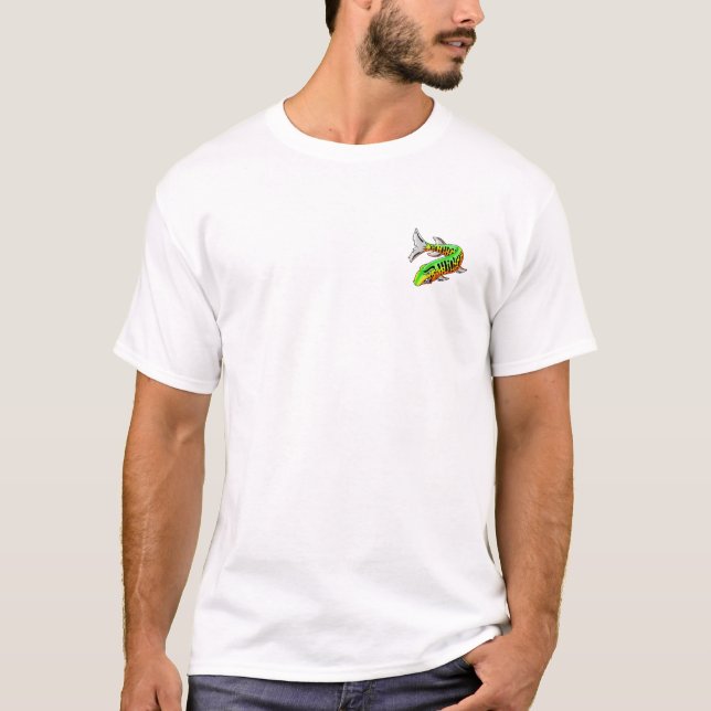 Stäng sig upp och designen för fisken w/Front Pckt Tee Shirt (Framsida)