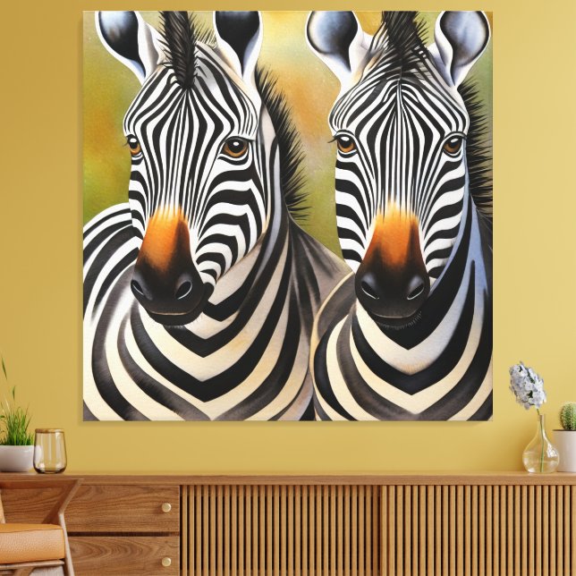 Stäng Zebra Pair Bold och Striking Wildlife Canvastryck (Insitu (Vardagsrum))