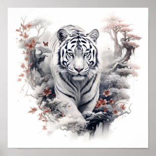 Stängande japansk vit tiger-utskrift i stil poster