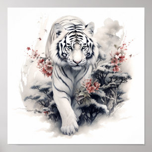 Stängande japansk vit tiger-utskrift i stil poster