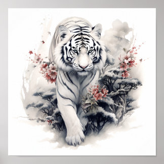 Stängande japansk vit tiger-utskrift i stil poster