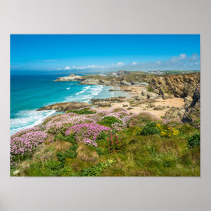 Stängande kustlandskap Newquay-stranden Cornwall Poster
