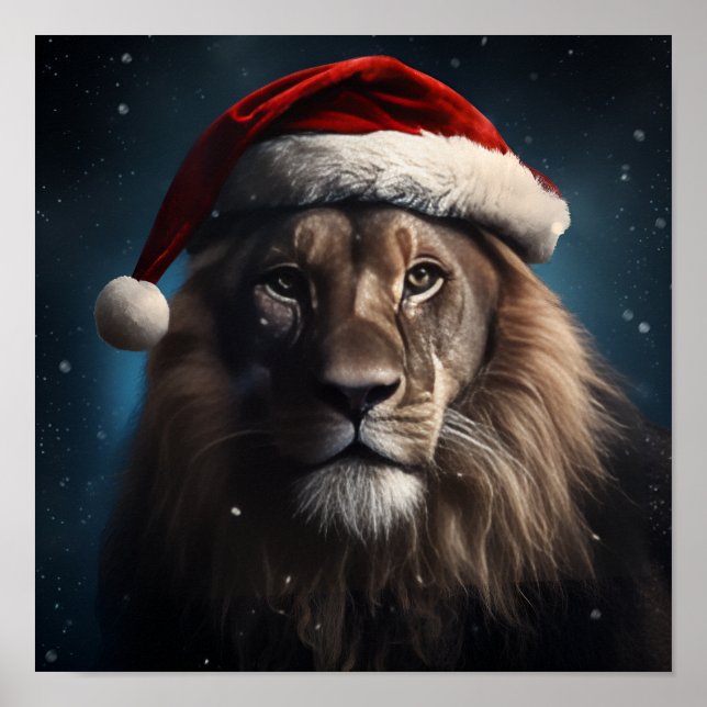 Stängande lejon med Jultomten-hatt Poster (Framsidan)