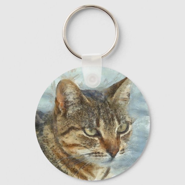 Stängande Tabby katt Stäng upp grafitpennportra Nyckelring (Framsida)