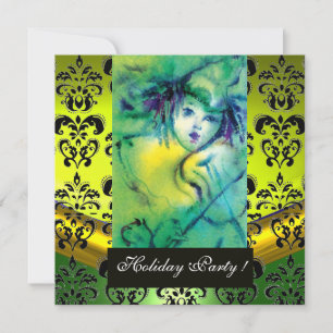 STÄNGD I GRÖNT, GULT, SVART DAMASK MONOGRAM Gem Inbjudningar