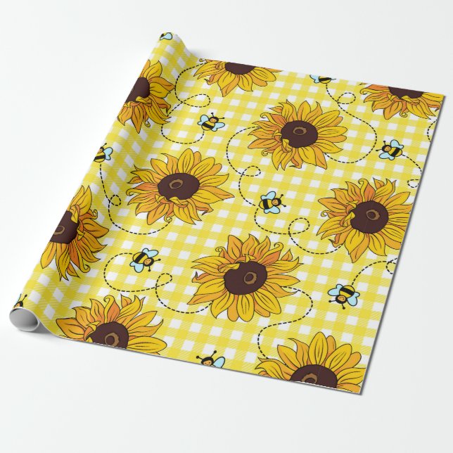 Stängda bin och solblommor i kontrollerad bakgrund presentpapper (Utrullad)