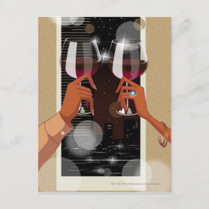 Stängning av ett pars smak med vin-glas vykort