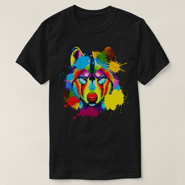 Stänk Art Amerikanska Vargen Ansikte T Shirt (Design framsida)