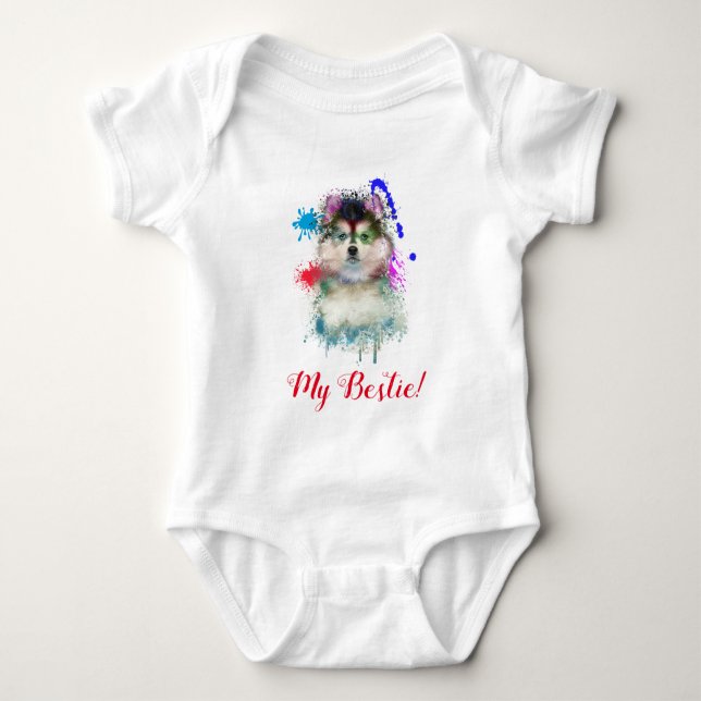 Stänk Art Cute Pomsky Hund Bodykostdräkt T Shirt (Framsida)