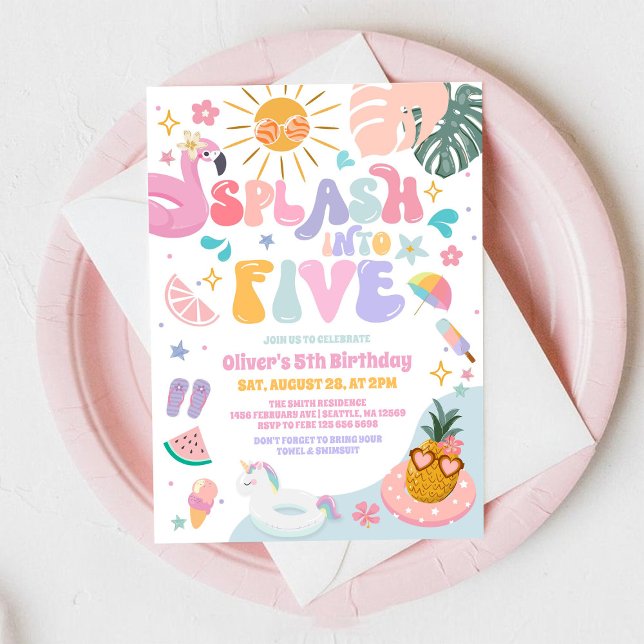 Stänk In I Fem Poolparty Sommar 5-års Födelsedag Inbjudningar (Skapare uppladdad)