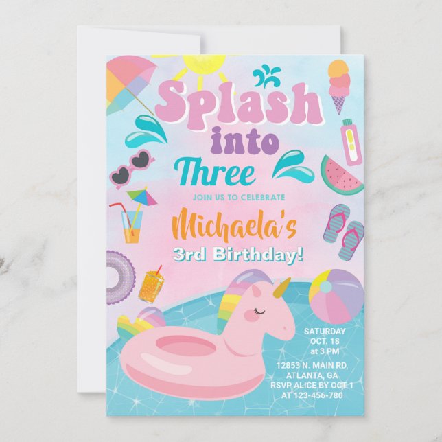 Stänk in i Tre bassäng party födelsedag. Inbjudningar (Framsida)