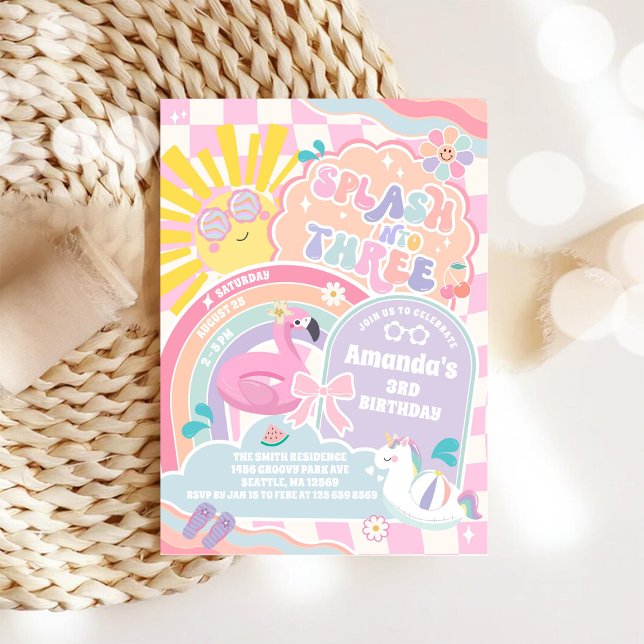 Stänk In I Tre Pool Fest Regnbåge 3-års Födelsedag Inbjudningar (Skapare uppladdad)