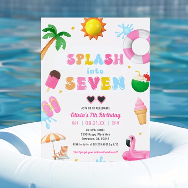 Stänk intill sju Bassäng-Party-flickans 7:e-födels Inbjudningar (Skapare uppladdad)