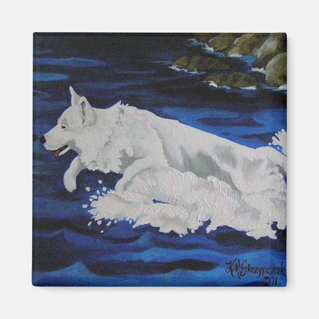Stänk White German Shepherd Hund Magnet (Framsidan)