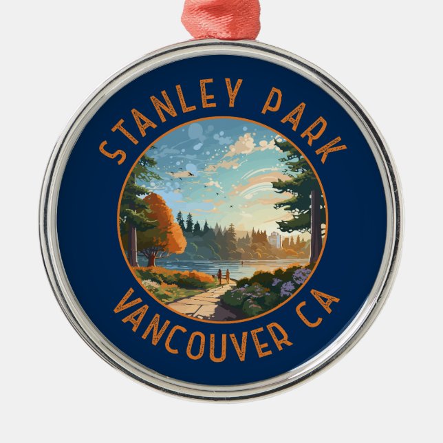 Stanley Park Vancouver Canada Retro Distress Art Julgransprydnad Metall (Framsidan)