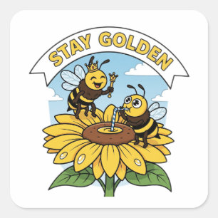Stanna - Bee and Flower Illustration Fyrkantigt Klistermärke