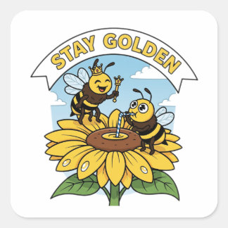 Stanna - Bee and Flower Illustration Fyrkantigt Klistermärke