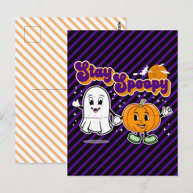 Stanna där: Cute Halloween Ghost och Pumpkin Vykort (Fram/baksida)