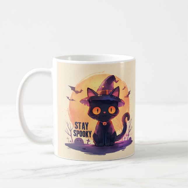 Stanna här - Pumpkin Måne Cat Kaffemugg (Vänster)