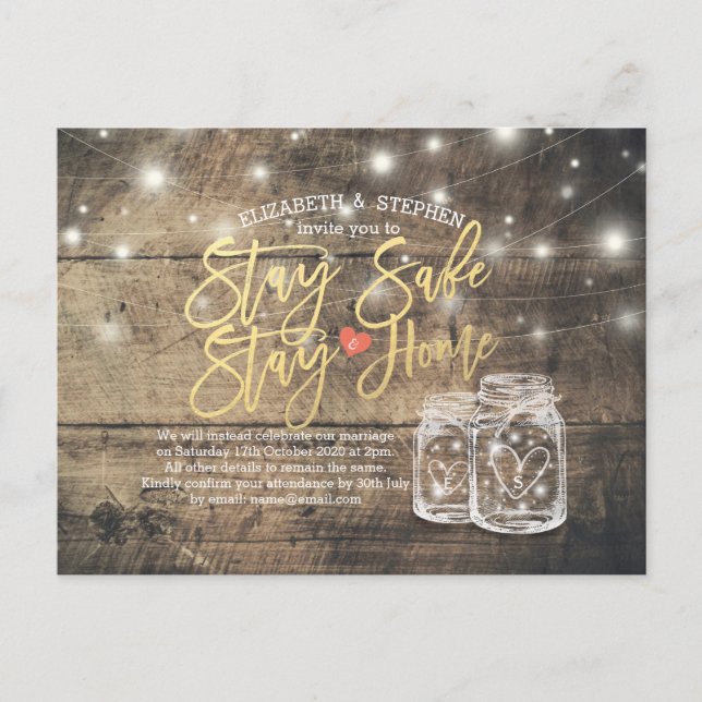 STANNA HEMMA STANNA SÄKERT BRÖLLLOP UPPHÄVANDE MAS MEDDELANDE VYKORT (Framsida)