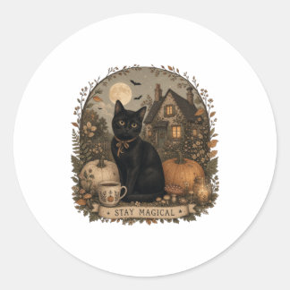Stanna Magisk Svart Katt Halloween Cottagecore Runt Klistermärke
