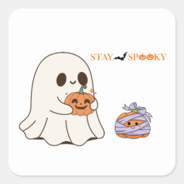 Stanna på Spooky Cute Ghost och Pumpkin Halloween  Fyrkantigt Klistermärke