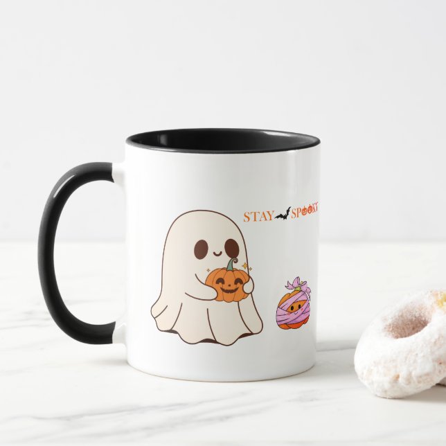 Stanna på Spooky Cute Ghost och Pumpkin Halloween  Mugg (Med munk)