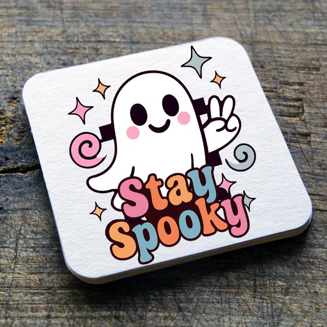 Stanna på Spooky Groovy Ghost Retro Pastel Hallowe Underlägg Papper Kvadrat (Celebrate Halloween season in style with this groovy ghost stay spooky design.)