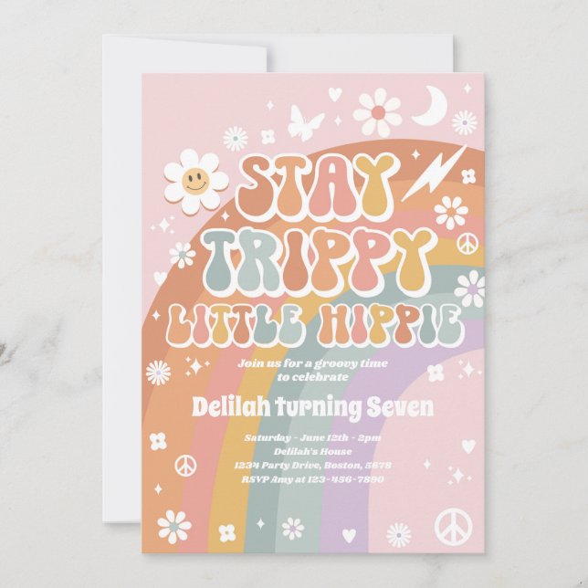 Stanna Trippy Little Hippie Groovy Rainbow Birthda Inbjudningar (Framsida)