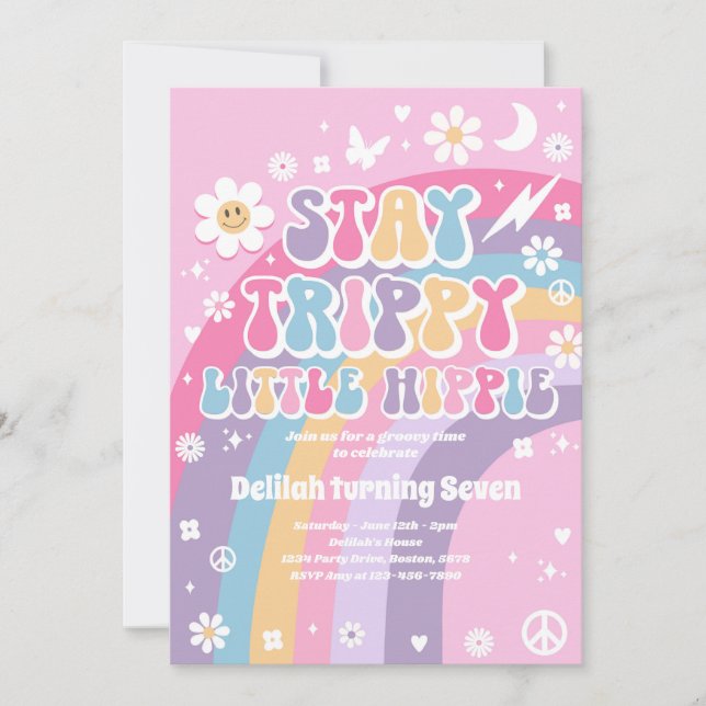 Stanna Trippy Little Hippie Groovy Rainbow Birthda Inbjudningar (Framsida)