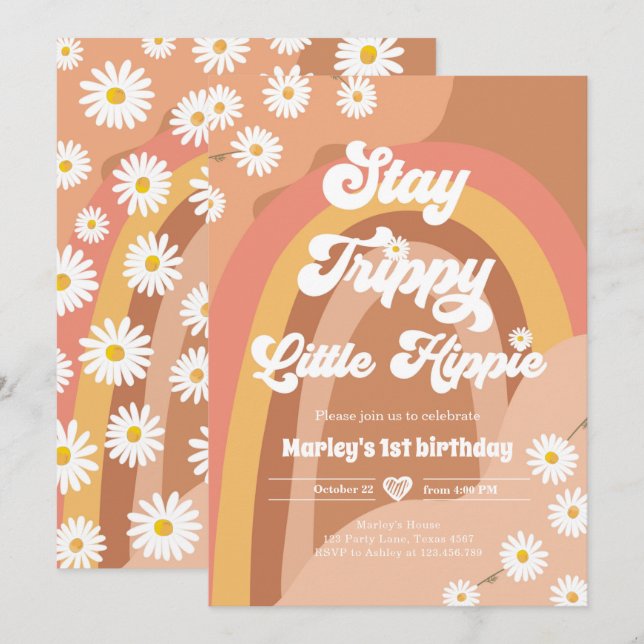 Stanna trippy Little Hippie Retro Daisy Birthday Inbjudningar (Fram/baksida)