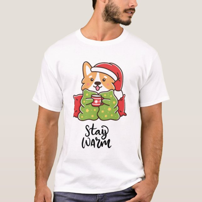 Stanna varm jul Corgi Santa Hat Helgdag T Shirt (Framsida)