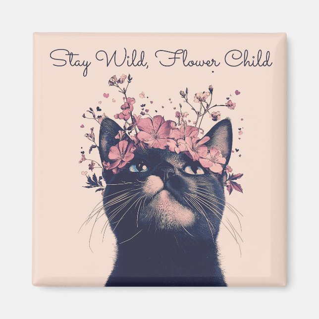Stanna Vild, Flower Child Cat Blommigt Boho Magnet (Framsidan)