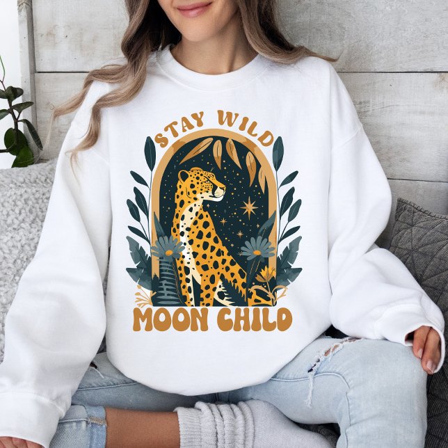 Stanna Vild Måne Child Boho Leopard Retro T Shirt (Skapare uppladdad)