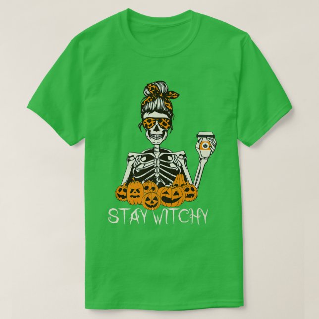 Stanna Witchy Skeleton Drinking Messy Bun Leopard  T Shirt (Design framsida)