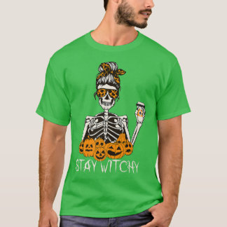 Stanna Witchy Skeleton Drinking Messy Bun Leopard T Shirt