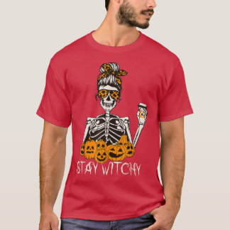 Stanna Witchy Skeleton Drinking Messy Bun Leopard  T Shirt