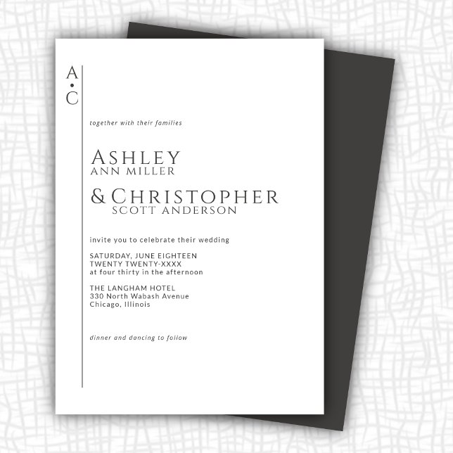 Staplad Mörk Slate Monogram Bröllop Inbjudningar (Skapare uppladdad)