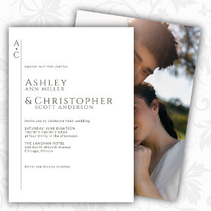 Staplad Mörk Slate Monogram Photo Bröllop Inbjudningar