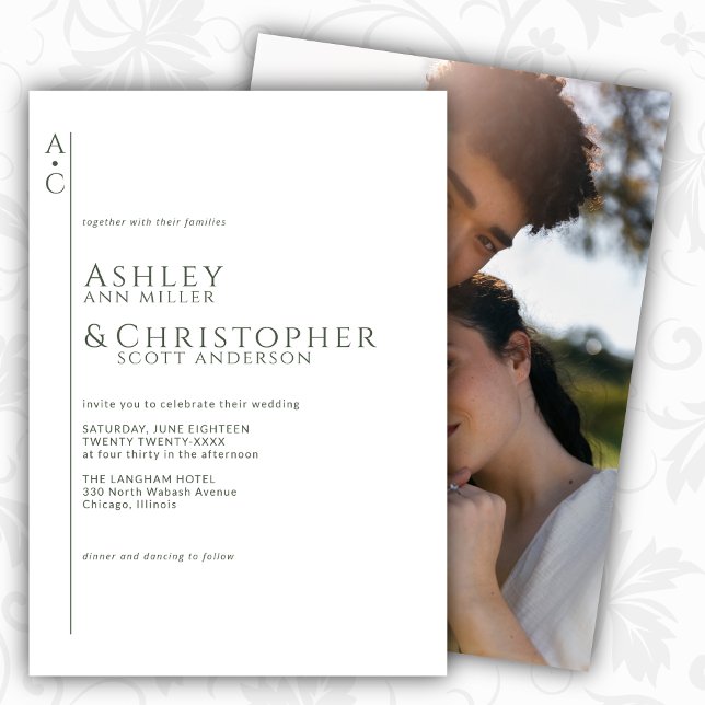 Staplad Mörk Slate Monogram Photo Bröllop Inbjudningar (Skapare uppladdad)