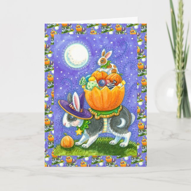 STAPLADDE HALLOWEENKANINER, SOCKERMAJ, FÄRGERIKA HELGKORT (Framsida)